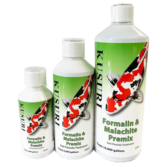 Formalin and Malachite pre mix 3 sizes bottles for anti-parasite treatment in ponds and tanks.