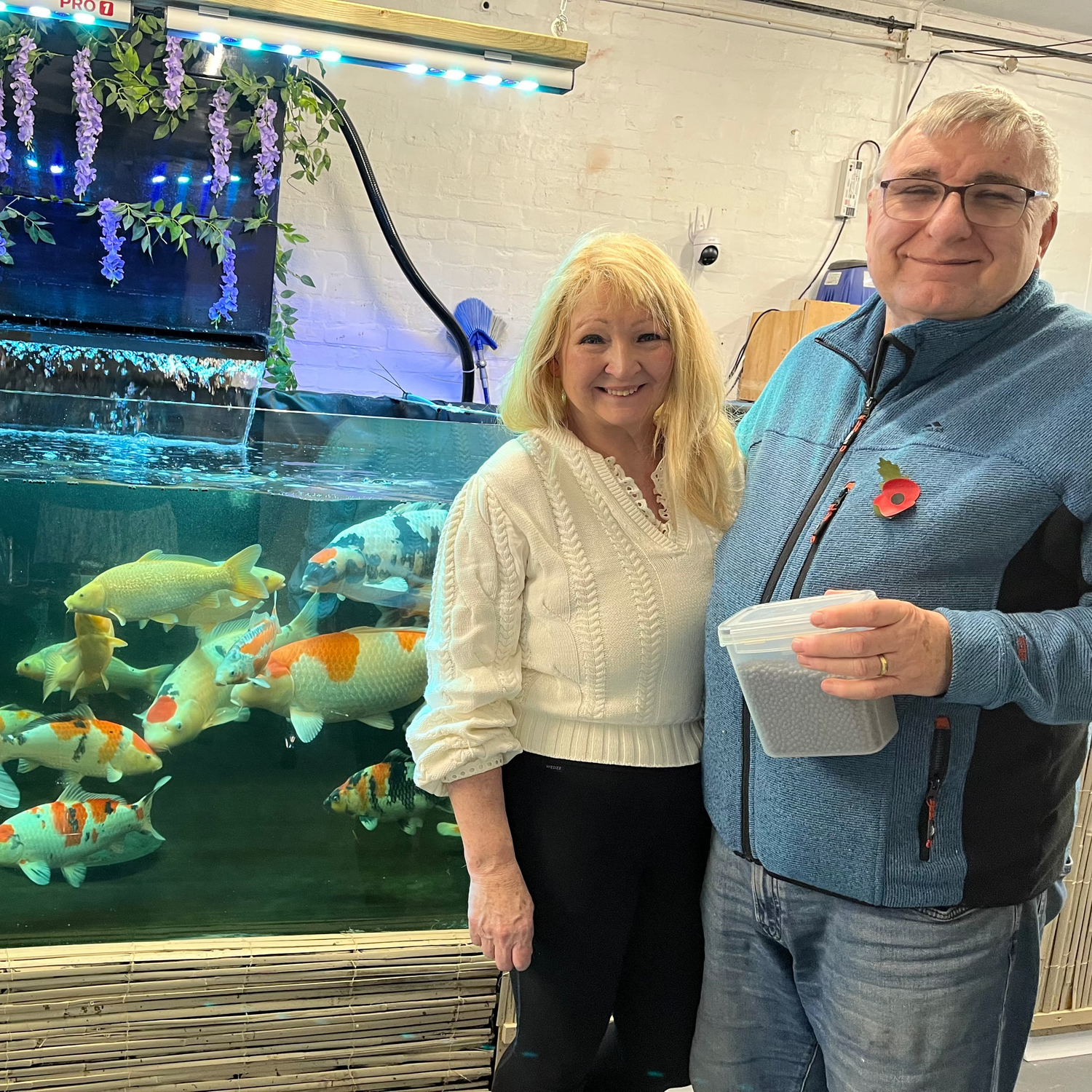Business owners standing next to a large aquarium with colorful Koi fish.