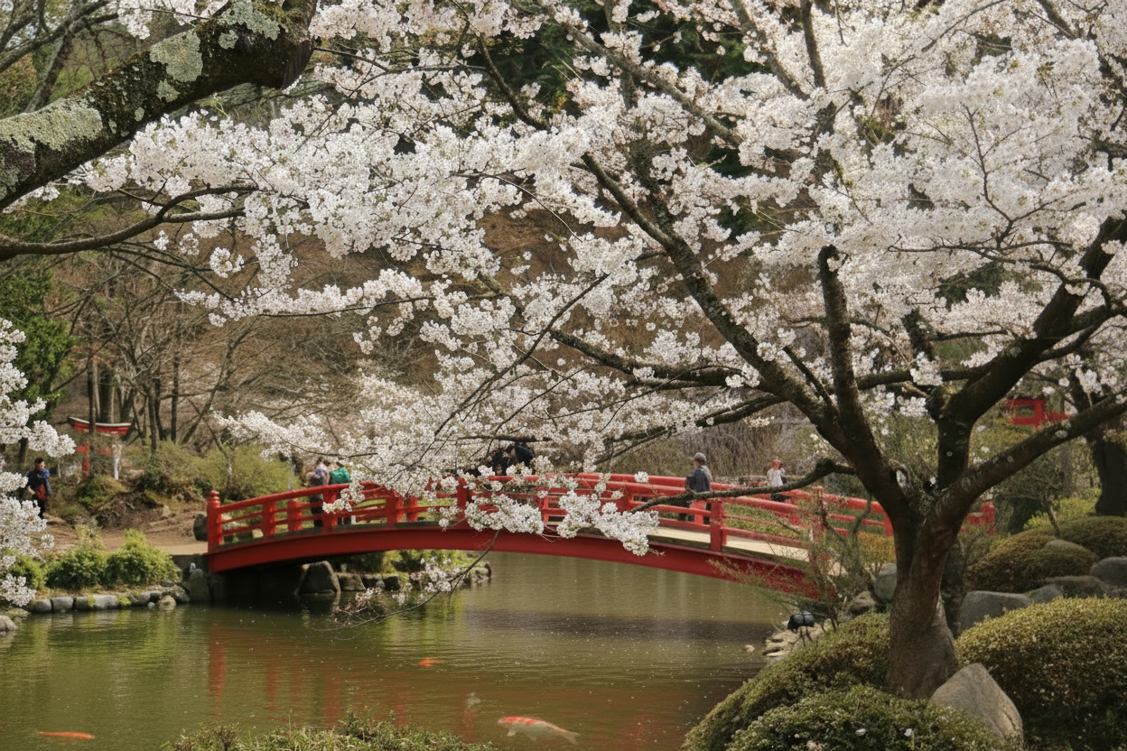 Red bridge over a koi fish pond in Japan with cherry blossom trees in bloom
